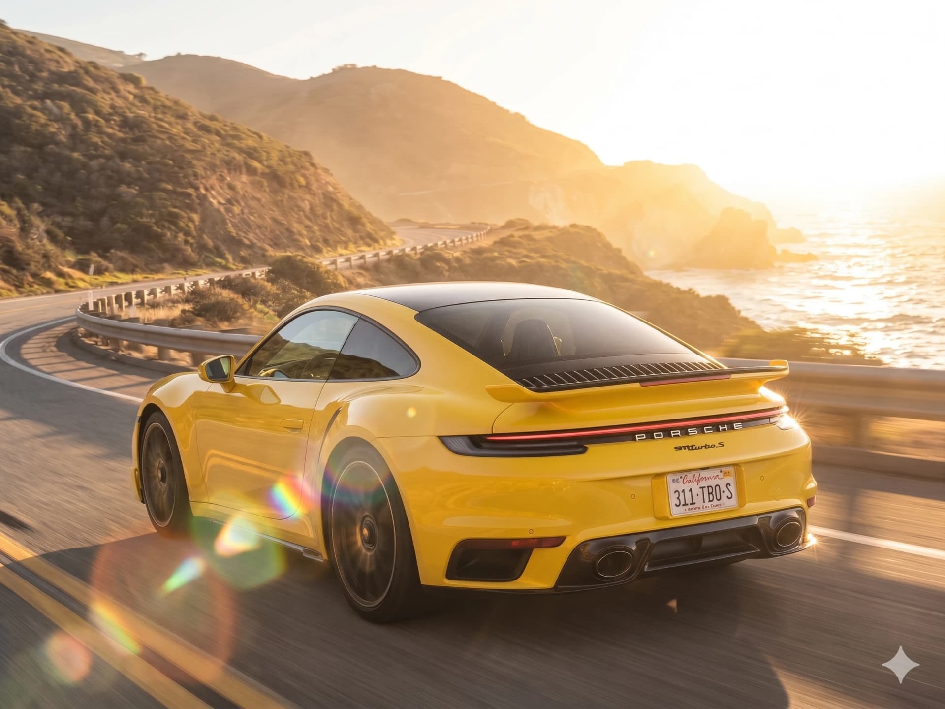Yellow Porsche driving along a coastal road