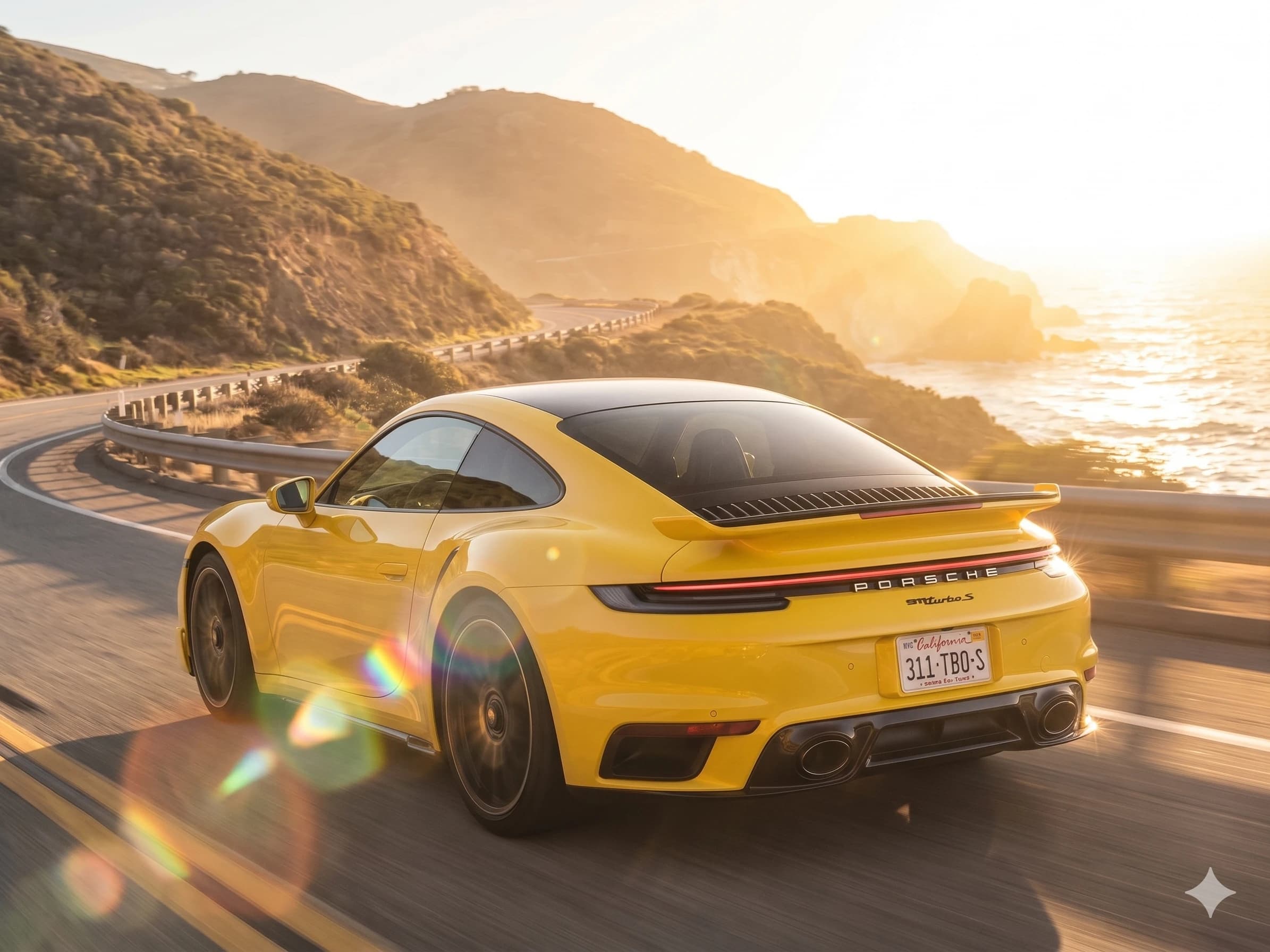 Yellow Porsche driving along a coastal road